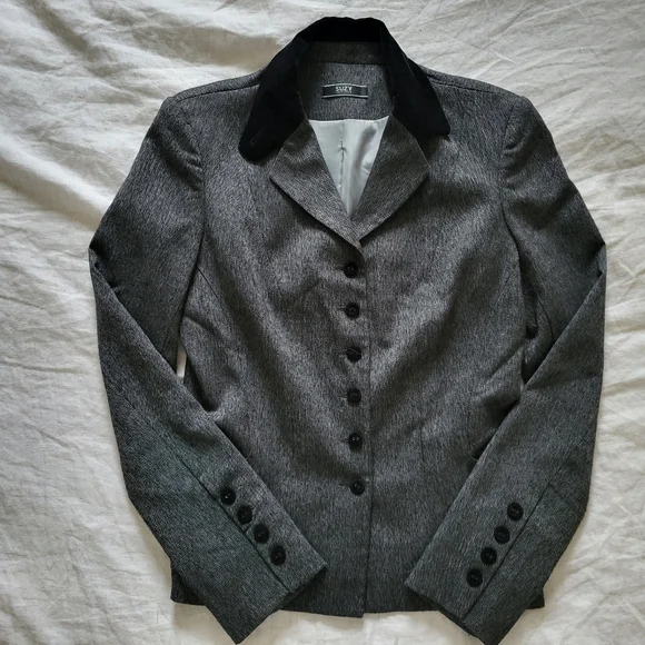 Suzy Shier Women's US4 Blazer Gray Black Velvet Panel Button Front Tailored Fit - Picture 10 of 16